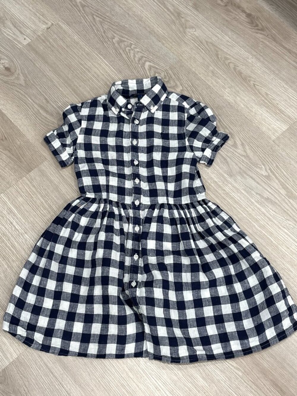 Polo Ralph Lauren Girls Gingham Linen Shirtdress Navy Blue White - Size 7 (EUC)